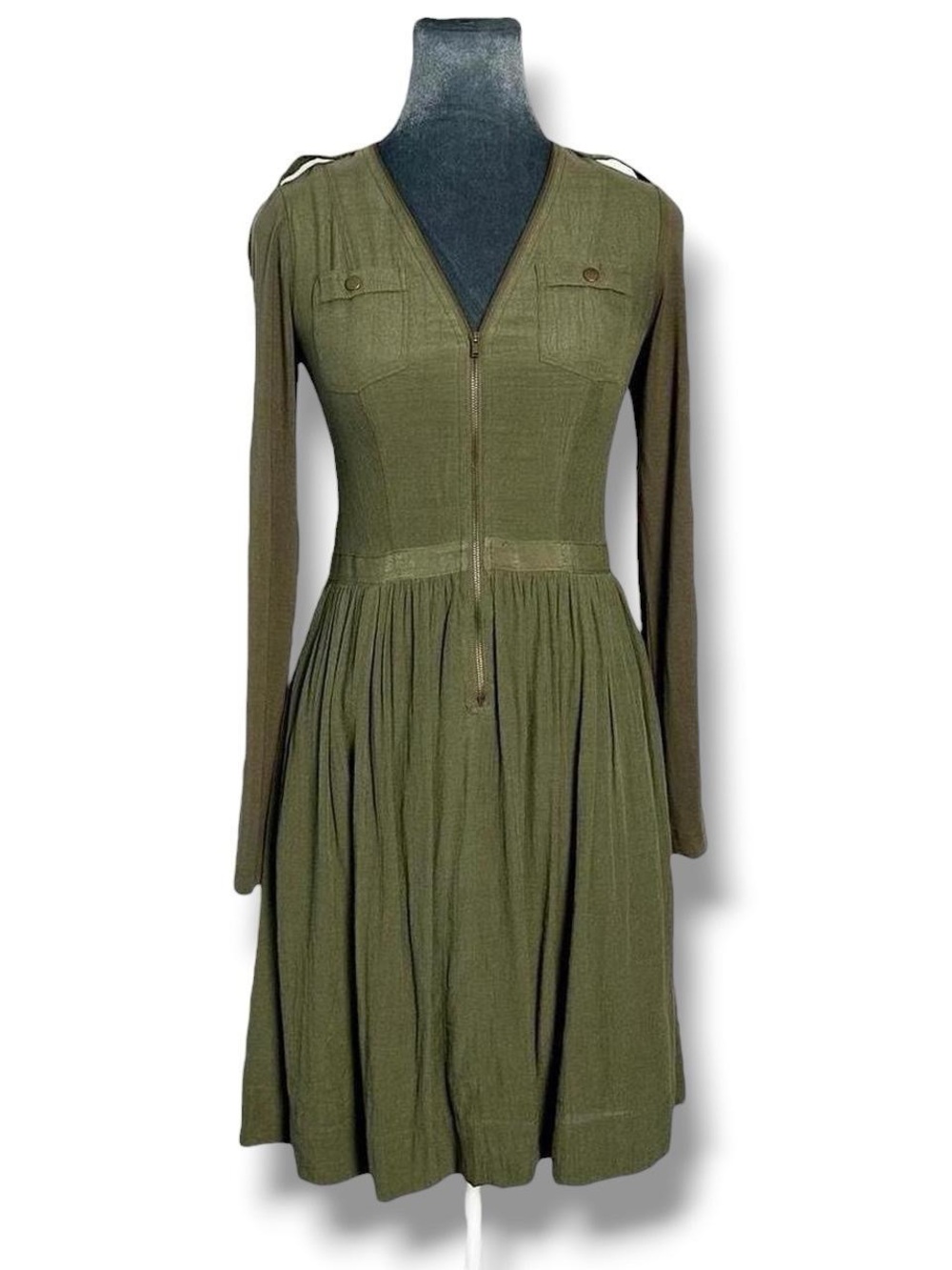Parameter Army Green Zip Up V Neck Long Sleeve Midi Utility Dress 0